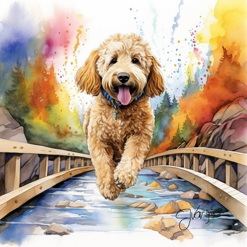Watercolor golden doodle pet - golden,